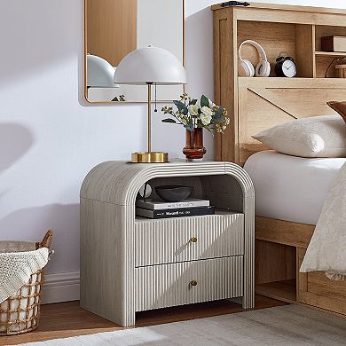 24" Modern Nightstand with Charging Station, 2-Drawer, Open Shelf, Wood Bedside Tables for Bedroom