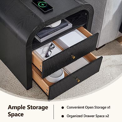 24" Modern Nightstand with Charging Station, 2-Drawer, Open Shelf, Wood Bedside Tables for Bedroom