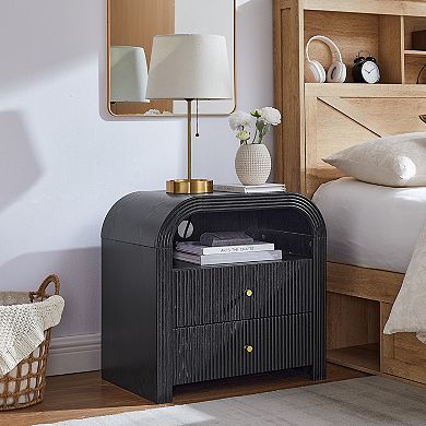 24" Modern Nightstand with Charging Station, 2-Drawer, Open Shelf, Wood Bedside Tables for Bedroom