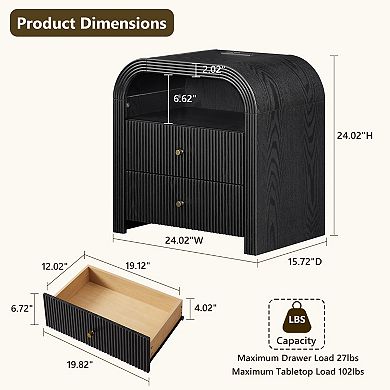 24" Modern Nightstand with Charging Station, 2-Drawer, Open Shelf, Wood Bedside Tables for Bedroom