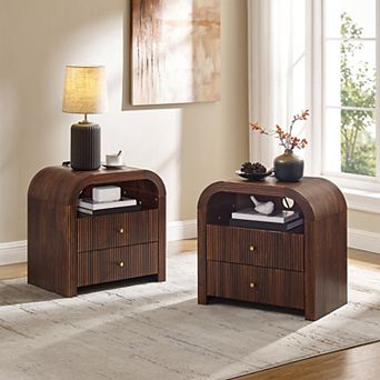 24" Modern Nightstand with Charging Station, 2-Drawer, Open Shelf, Wood Bedside Tables for Bedroom