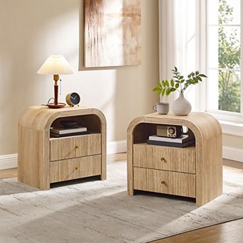 24" Modern Nightstand with Charging Station, 2-Drawer, Open Shelf, Wood Bedside Tables for Bedroom
