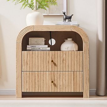 24" Modern Nightstand with Charging Station, 2-Drawer, Open Shelf, Wood Bedside Tables for Bedroom