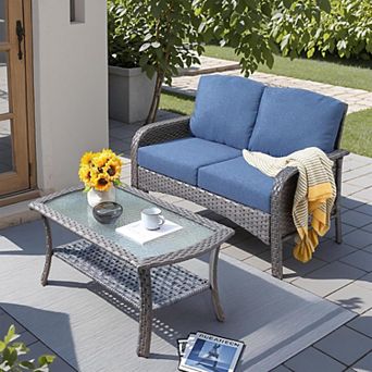 Ovios 2 pc Patio Furniture Set, Wicker Patio Set Outdoor Conversation Set