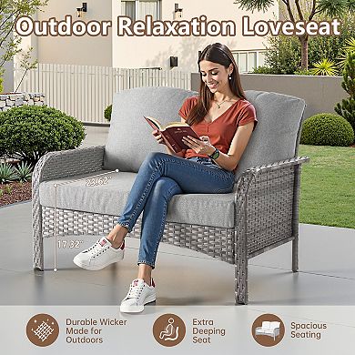Ovios 2 Pieces All-weather Patio Furniture Set w/ Loveseat Sofa & Coffee Table, Gray PE Rattan