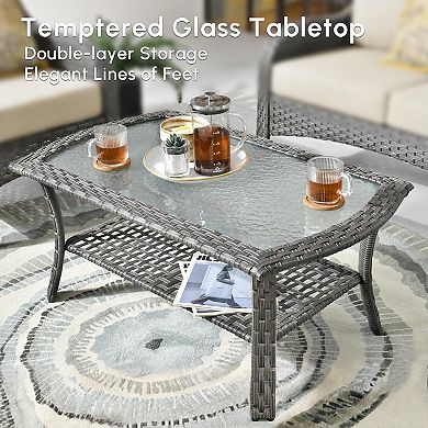 Ovios 2 Pieces All-weather Patio Furniture Set w/ Loveseat Sofa & Coffee Table, Gray PE Rattan