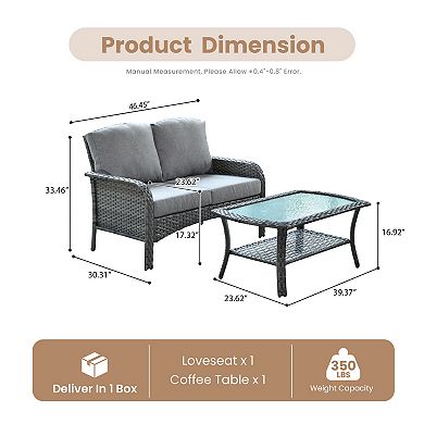 Ovios 2 Pieces All-weather Patio Furniture Set w/ Loveseat Sofa & Coffee Table, Gray PE Rattan