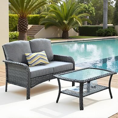 Ovios 2 Pieces All-weather Patio Furniture Set w/ Loveseat Sofa & Coffee Table, Gray PE Rattan