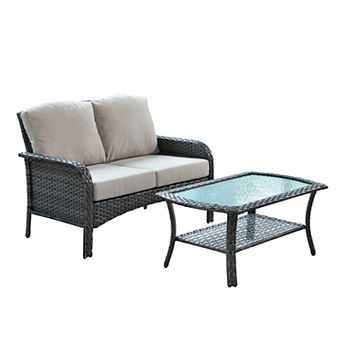 Ovios 2 pc All-weather Patio Furniture Set w/ Loveseat Sofa & Coffee Table, Gray PE Rattan
