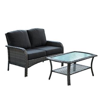 Ovios 2 pc All-weather Patio Furniture Set w/ Loveseat Sofa & Coffee Table, Gray PE Rattan