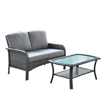 Ovios 2 pc All-weather Patio Furniture Set w/ Loveseat Sofa & Coffee Table, Gray PE Rattan