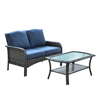 Ovios 2 pc All-weather Patio Furniture Set w/ Loveseat Sofa & Coffee Table, Gray PE Rattan