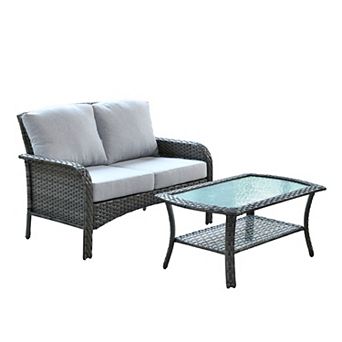 Ovios 2 pc All-weather Patio Furniture Set w/ Loveseat Sofa & Coffee Table, Gray PE Rattan