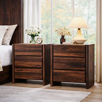 2 pc Modern 3-Drawer Nightstand with Charging Station, Rounded Bedside Table for Bedroom Living Room