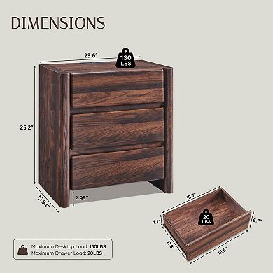 2PCS Modern 3-Drawer Nightstand with Charging Station, Rounded Bedside Table for Bedroom Living Room