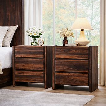 2 pc Modern 3-Drawer Nightstand with Charging Station, Rounded Bedside Table for Bedroom Living Room