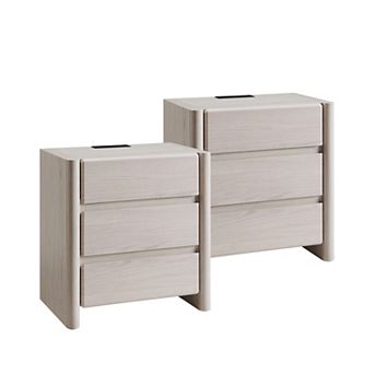 2 pc Modern 3-Drawer Nightstand with Charging Station, Rounded Bedside Table for Bedroom Living Room