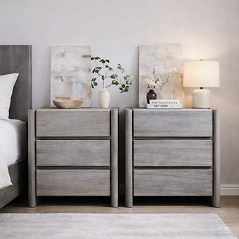 2 pc Modern 3-Drawer Nightstand with Charging Station, Rounded Bedside Table for Bedroom Living Room