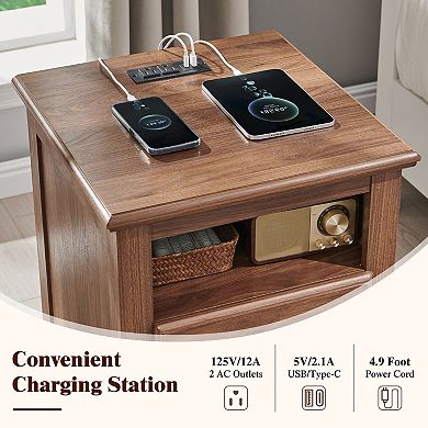 18" Vintage Nightstand with Charging Station, 2-Drawer Bedside Table for Bedroom, Living Room
