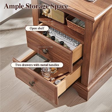 18" Vintage Nightstand with Charging Station, 2-Drawer Bedside Table for Bedroom, Living Room