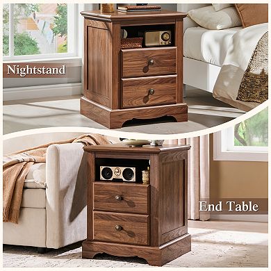 18" Vintage Nightstand with Charging Station, 2-Drawer Bedside Table for Bedroom, Living Room