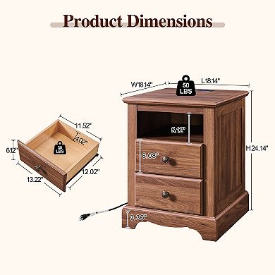 18" Vintage Nightstand with Charging Station, 2-Drawer Bedside Table for Bedroom, Living Room
