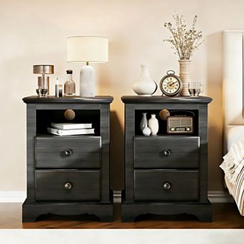 18" Vintage Nightstand with Charging Station, 2-Drawer Bedside Table for Bedroom, Living Room