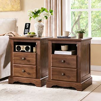 18" Vintage Nightstand with Charging Station, 2-Drawer Bedside Table for Bedroom, Living Room