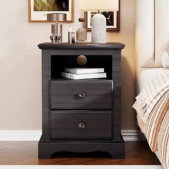18" Vintage Nightstand with Charging Station, 2-Drawer Bedside Table for Bedroom, Living Room