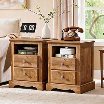 18" Vintage Nightstand with Charging Station, 2-Drawer Bedside Table for Bedroom, Living Room