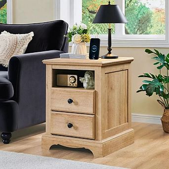 18" Vintage Nightstand with Charging Station, 2-Drawer Bedside Table for Bedroom, Living Room