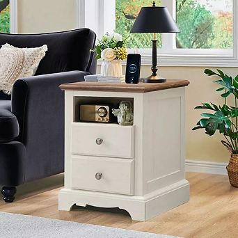 18" Vintage Nightstand with Charging Station, 2-Drawer Bedside Table for Bedroom, Living Room