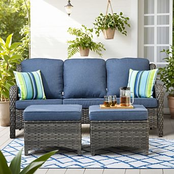 Ovios 3-Seater Patio Couch Wicker Sofa w/ 2 Ottomans, 3 Seater Rattan Sofa for Patio Garden