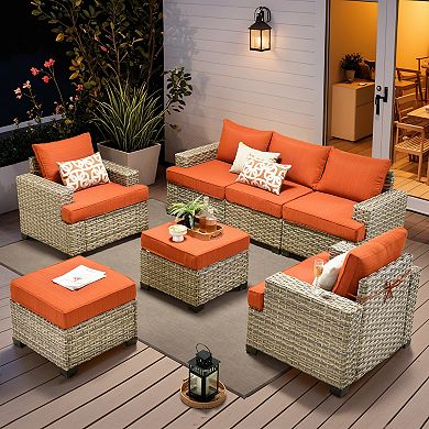 Ovios 7-Piece Modular Patio Sectional Sofa Set w/ 2 Versatile Ottomans, Ergonomic Design, PE Wicker