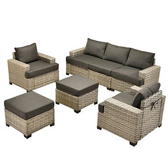 Ovios 7 pc Modular Patio Sectional Sofa Set w/ 2 Versatile Ottomans, Ergonomic Design, PE Wicker