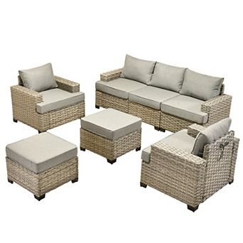 Ovios 7 pc Modular Patio Sectional Sofa Set w/ 2 Versatile Ottomans, Ergonomic Design, PE Wicker