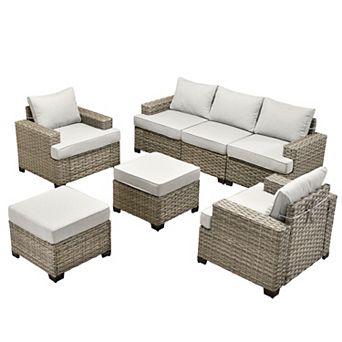 Ovios 7 pc Modular Patio Sectional Sofa Set w/ 2 Versatile Ottomans, Ergonomic Design, PE Wicker
