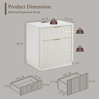 2PCS Modern 2 Drawers Nightstand with Charging Station, Fluted Bedside Table for Bedroom Living Room