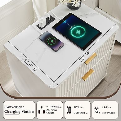 2PCS Modern 2 Drawers Nightstand with Charging Station, Fluted Bedside Table for Bedroom Living Room