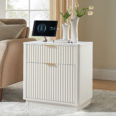 2PCS Modern 2 Drawers Nightstand with Charging Station, Fluted Bedside Table for Bedroom Living Room