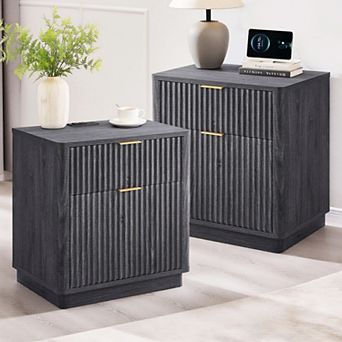 2 pc Modern 2 Drawers Nightstand with Charging Station, Fluted Bedside Table for Bedroom Living Room