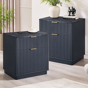 2 pc Modern 2 Drawer Nightstand with Charging Station, Fluted Bedside Table for Bedroom, Living Room