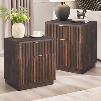 2 pc Modern 2 Drawer Nightstand with Charging Station, Fluted Bedside Table for Bedroom, Living Room