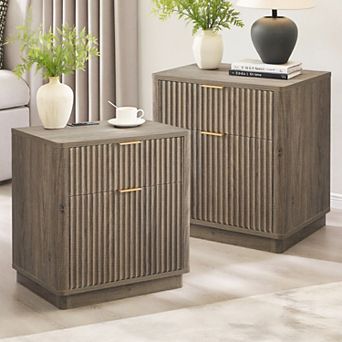 2 pc Modern 2 Drawers Nightstand with Charging Station, Fluted Bedside Table for Bedroom Living Room