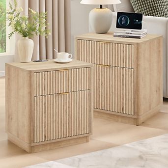 2 pc Modern 2 Drawer Nightstand with Charging Station, Fluted Bedside Table for Bedroom, Living Room