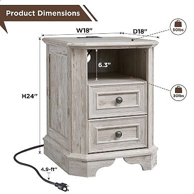 2PCS Farmhouse 2-Drawer Nightstand with Charging Station, 18" Wood End Table w/ Storage for Bedroom