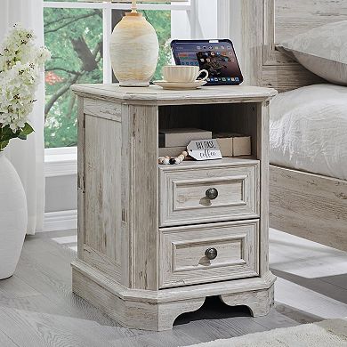 2PCS Farmhouse 2-Drawer Nightstand with Charging Station, 18" Wood End Table w/ Storage for Bedroom