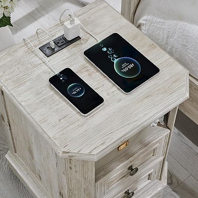 2PCS Farmhouse 2-Drawer Nightstand with Charging Station, 18" Wood End Table w/ Storage for Bedroom