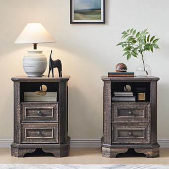 2 pc Farmhouse 2-Drawer Nightstand with Charging Station, 18" Wood End Table w/ Storage for Bedroom