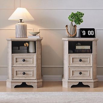 2 pc Farmhouse 2-Drawer Nightstand with Charging Station, 18" Wood End Table w/ Storage for Bedroom
